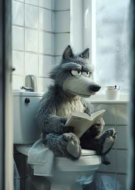 Wolf reading on the toilet