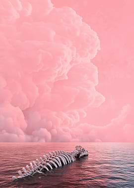 Dinosaur Skeleton in Pink Ocean