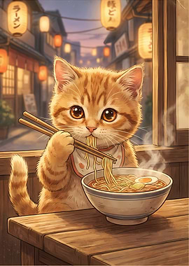 Cute Cat Eating Ramen