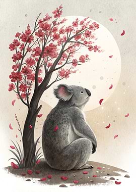 Koala under a blooming tree