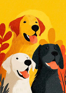 Three Happy Dogs in a Garden