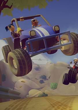 Cartoon characters in a dune buggy race