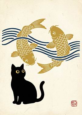 Black Cat Watching Koi Fish