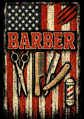 Vintage Barber Poster, American Flag Barbershop Wall Art, Retro Grooming Tools Print