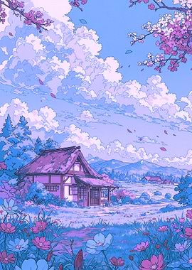 Pastoral Japanese Landscape with Cherry Blossoms