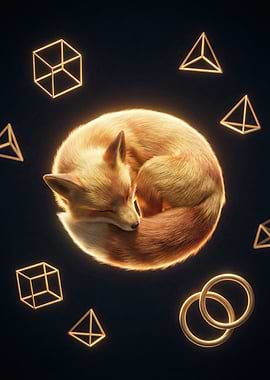 Sleeping Fox Surrounded by Geometric Shapes