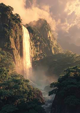 Majestic Waterfall in a Lush Mountainous Landscape