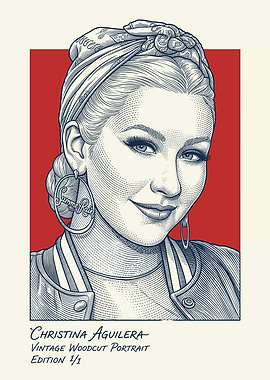 Christina Aguilera Vintage Woodcut Portrait