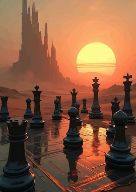 Chessboard Landscape with Castle and Sunset