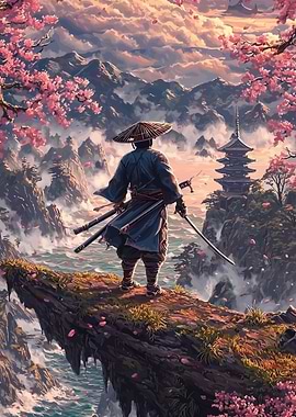 Samurai Overlooking Cherry Blossoms