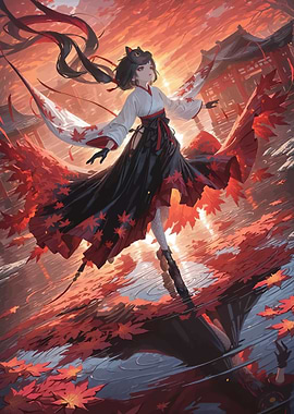 Anime Girl in Kimono with Maple Leaves