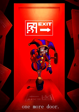 Jester character in front of exit door
