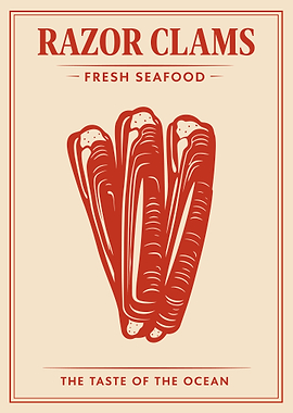 Razor Clams Poster, Vintage Seafood Art Print, Fresh Ocean Wall Decor