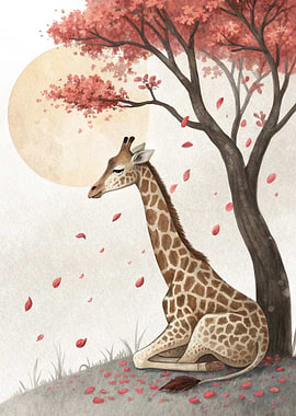 Giraffe under a blooming tree