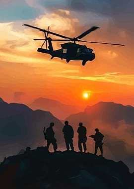 Military Helicopter and Soldiers at Sunset