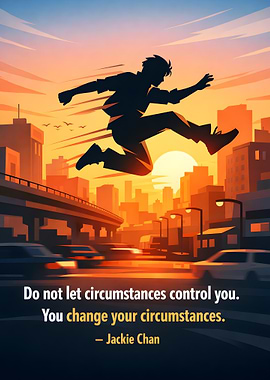 Man jumping over city at sunset