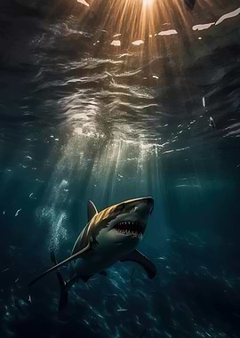 Great White Shark in Sunlit Ocean
