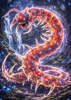 Glowing Centipede Creature in Waterfall Forest