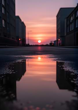 Sunset Reflection in City Puddle