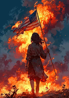 Woman holding American flag in fire