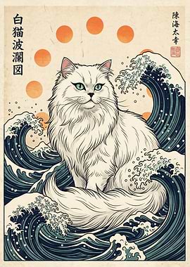 White Cat in Great Wave Style