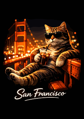 San Francisco Cat Poster, Cool Sunglasses Cat Wall Art, Golden Gate Night Print