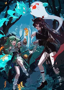 Anime Characters and Ghosts in Forest