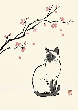 Siamese Cat Under Cherry Blossoms
