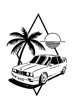 Retro Car and Palm Tree Sunset