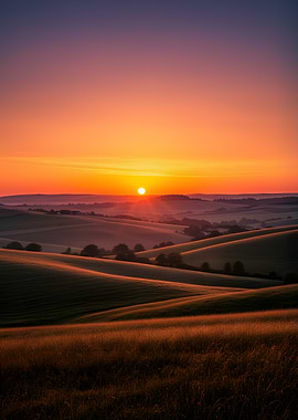Sunrise over rolling hills