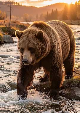 Grizzly Bear Wades in River at Sunset