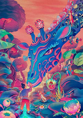 Surreal Giraffe Encounter in Psychedelic Forest