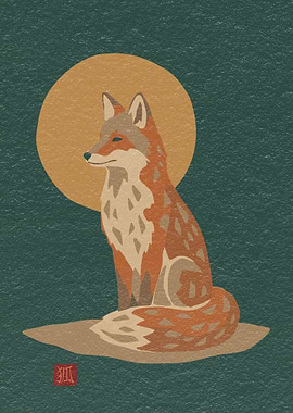 Stylized Fox with Sun and Japanese Seal