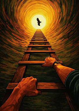 Climbing ladder towards light with bird