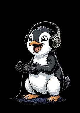 Cute Penguin Gamer with Headphones