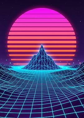 Retro Sunset Mountain Grid Landscape