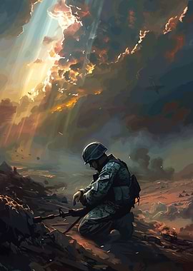 Soldier kneeling in a war-torn landscape