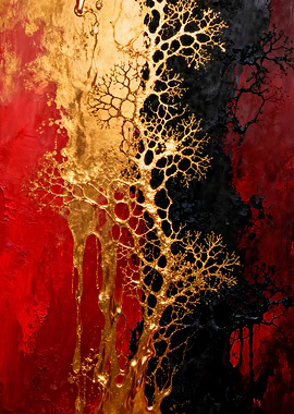 Abstract Gold and Red Drip Painting