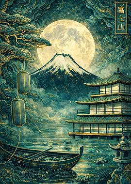 Mount Fuji under a Full Moon