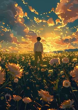 Person in a field of flowers at sunset