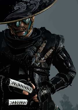 Samurai Warrior with Mask and Swords