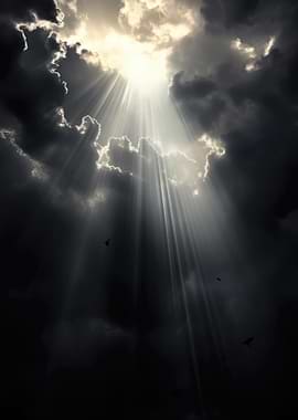 Sunbeams breaking through dark clouds