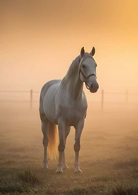 White Horse in Foggy Sunrise