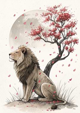 Lion under a Cherry Blossom Tree