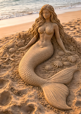 Sand Sculpture of a Mermaid on Beach