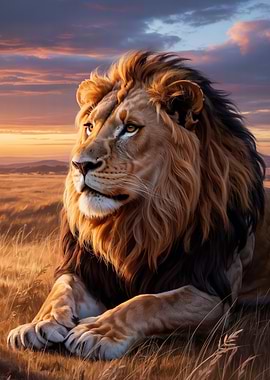 Majestic Lion in Savannah Sunset