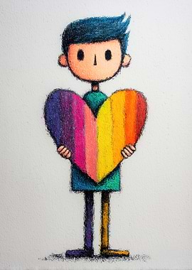 Child Holding Rainbow Heart Doodle Art