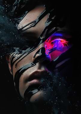 Abstract Face with Black Liquid and Neon Glow