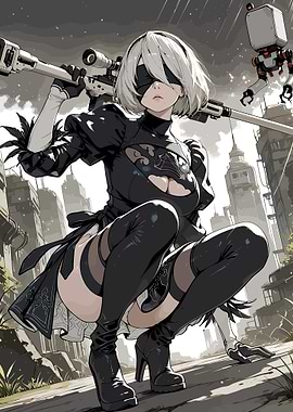 2B with Sniper Rifle in Ruined City