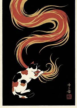 Calico Cat with Fiery Tail